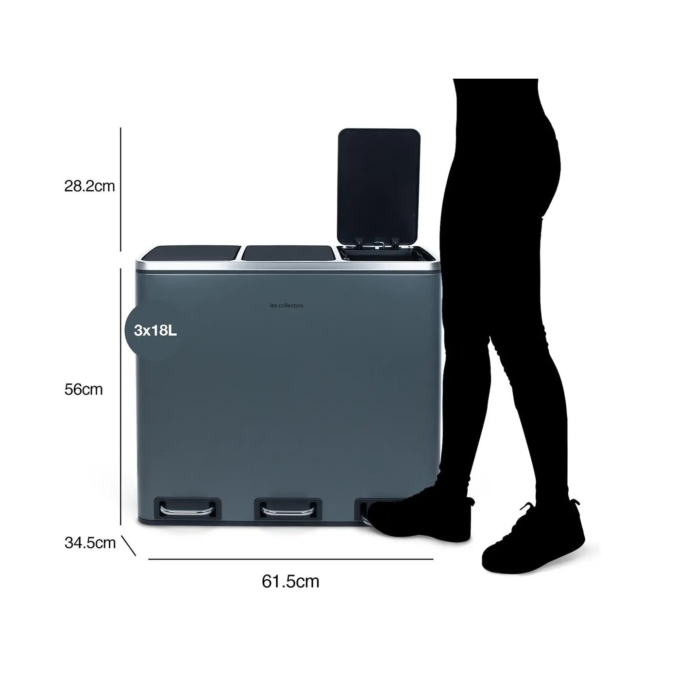 Cos de gunoi cu pedala, Les Collectors, N984, 18+18+18 litri, 3 compartimente, gri inchis