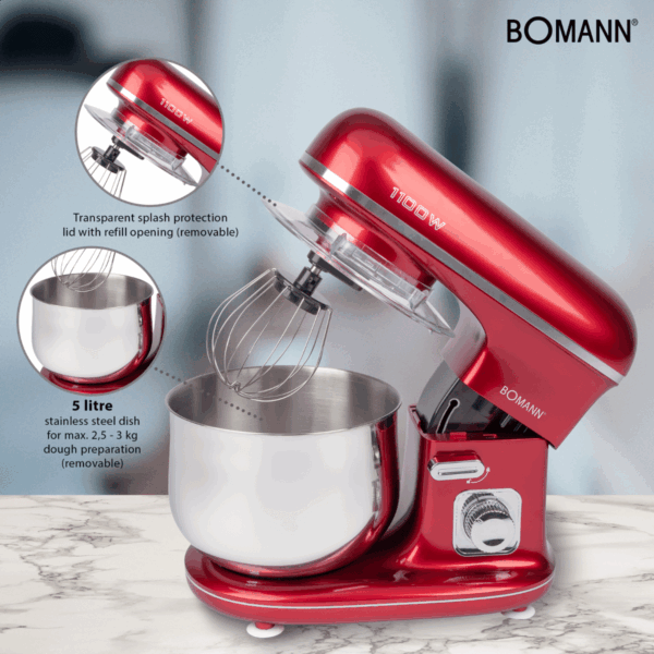 Mixer cu bol, Bomann, KM6010CB, 5 litri, 1100 W, rosu
