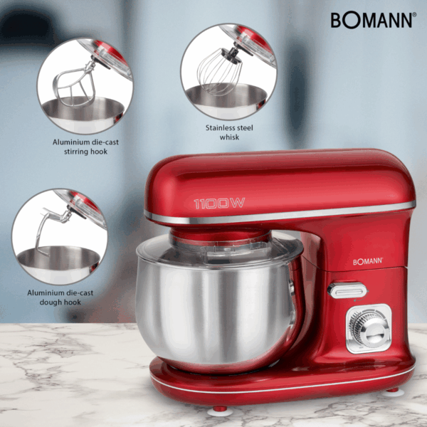 Mixer cu bol, Bomann, KM6010CB, 5 litri, 1100 W, rosu