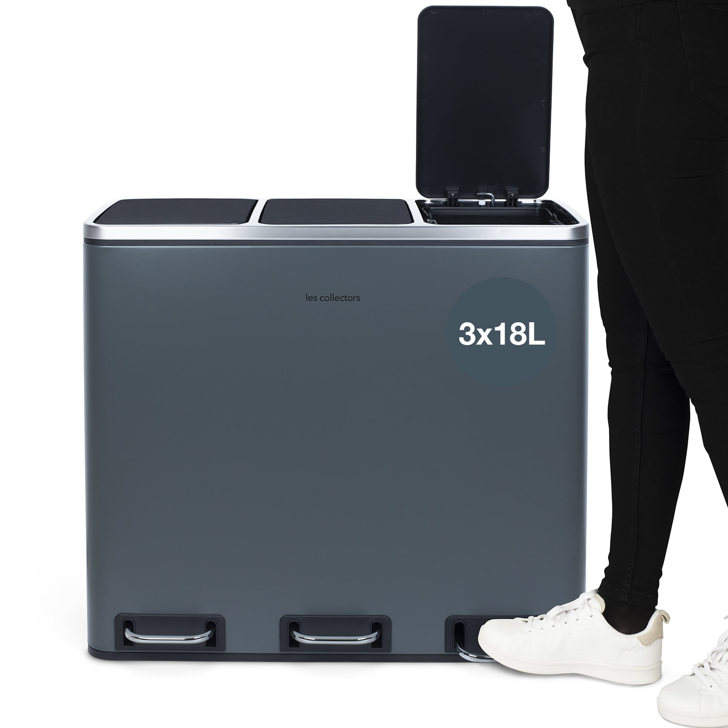 Cos de gunoi cu pedala, Les Collectors, N984, 18+18+18 litri, 3 compartimente, gri inchis