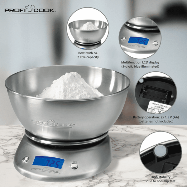 Cantar de bucatarie digital cu bol, ProfiCook, KW1040, 5 kg, inox