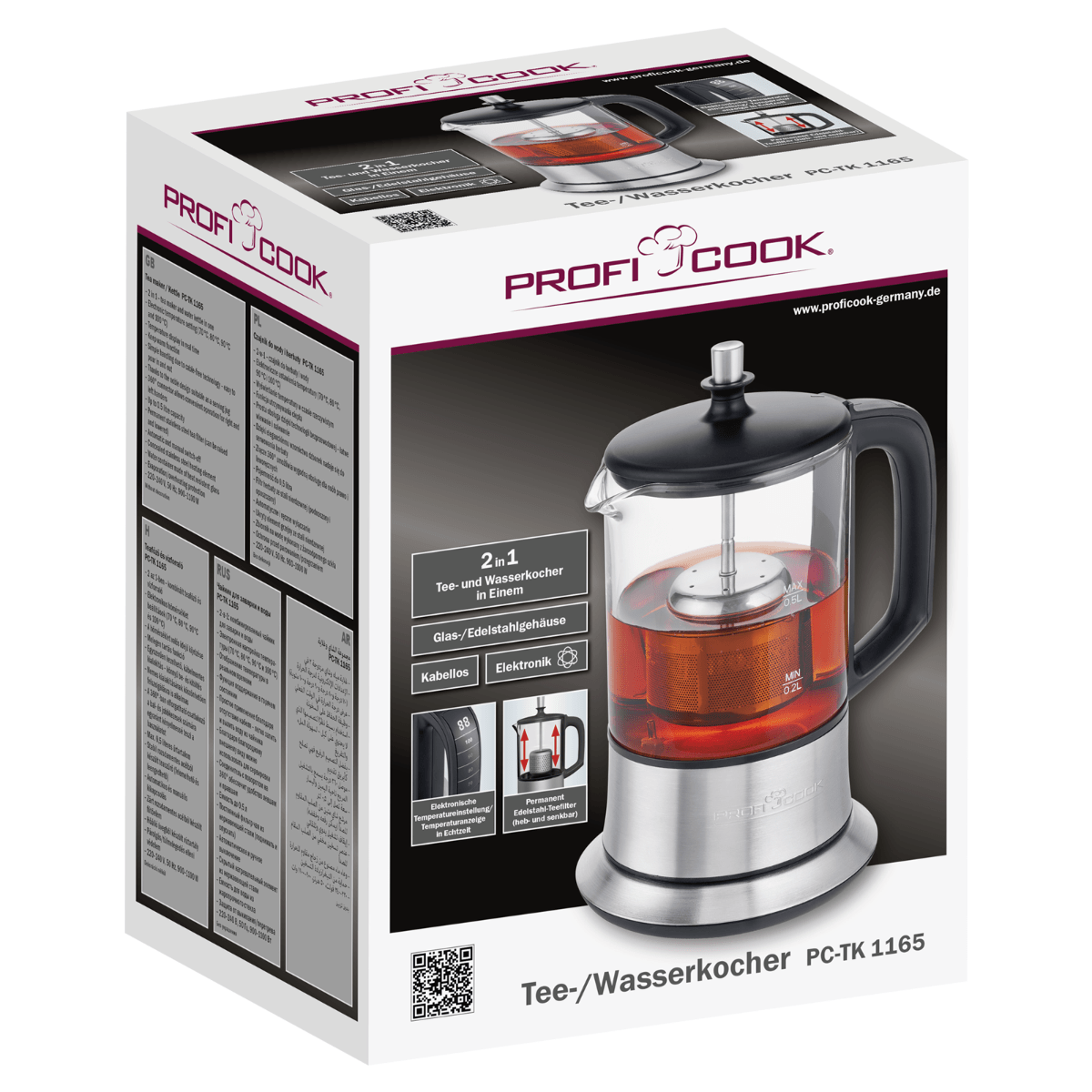 Fierbator apa cu infuzor 2in1, ProfiCook, PC-TK1165, 0.5 litri, 1100 W, inox