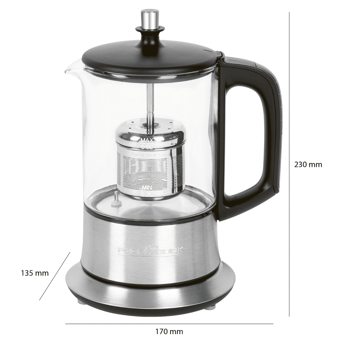 Fierbator apa cu infuzor 2in1, ProfiCook, PC-TK1165, 0.5 litri, 1100 W, inox