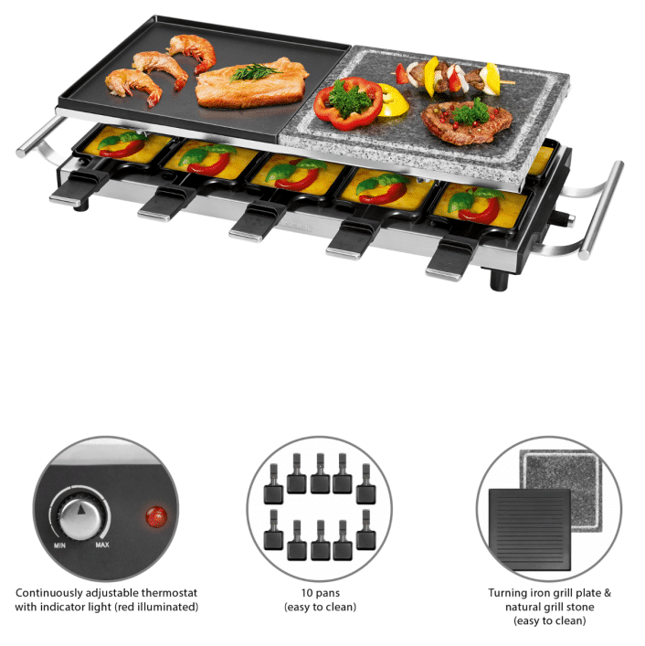 Plita grill si raclette, ProfiCook, PC-RG1144, 1700 W, 10 persoane, inox