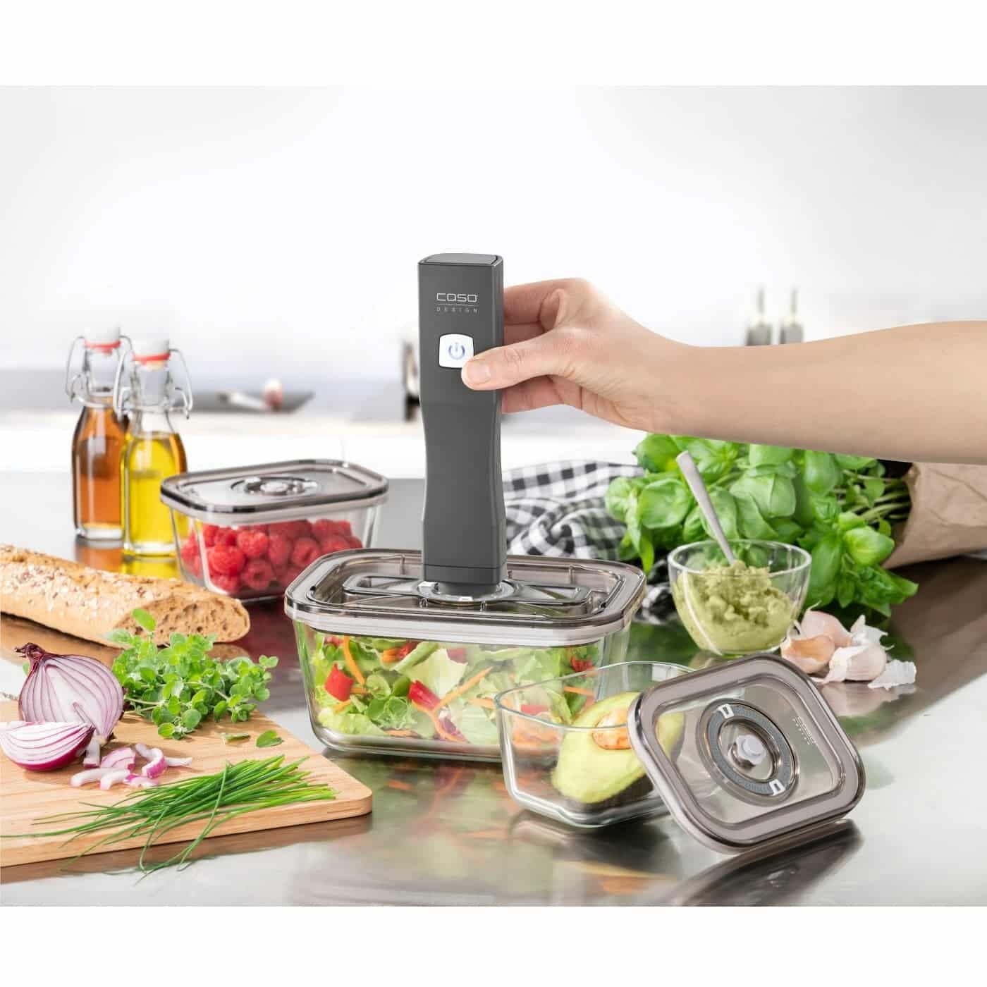 Aparat de vidat portabil cu pungi, Caso Germany, Vacu OneTouch, vidare uscata/umeda, negru