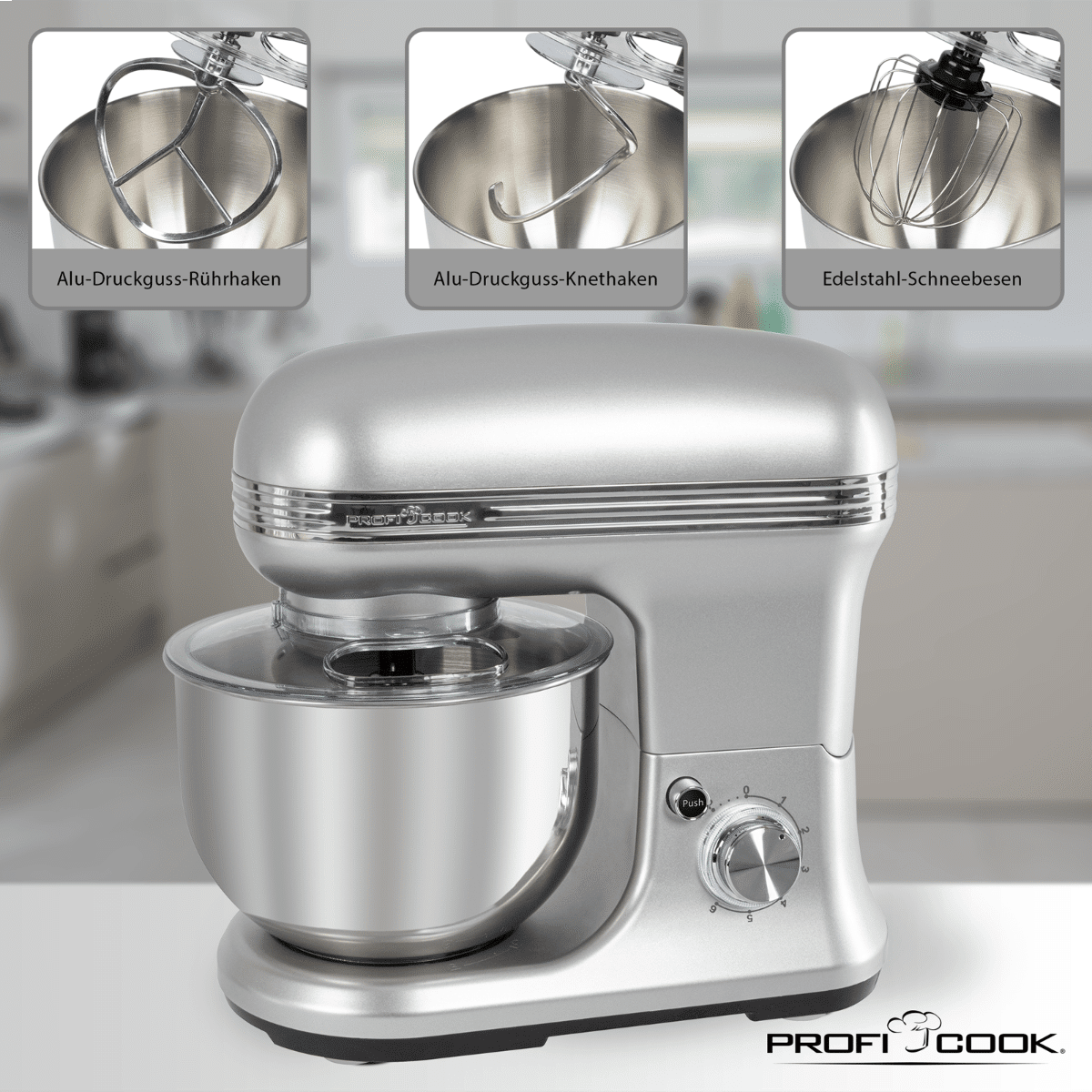 Set mixer cu bol si cantar de bucatarie, ProfiCook, PC-KM1222, 5 litri, 1200 W, inox