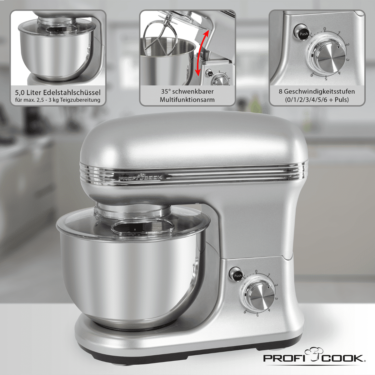 Set mixer cu bol si cantar de bucatarie, ProfiCook, PC-KM1222, 5 litri, 1200 W, inox