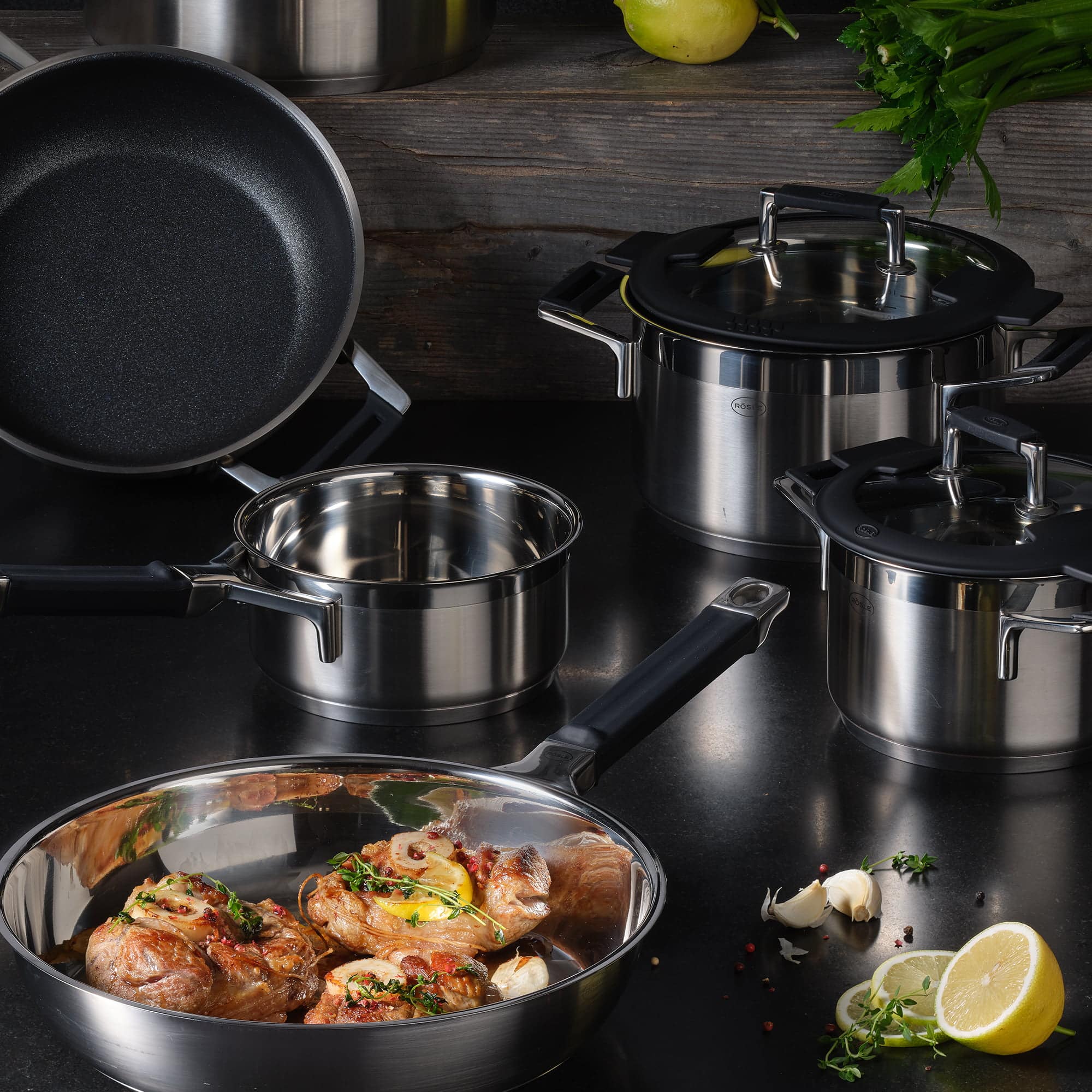 Set oale de gatit cu capac, otel inoxidabil, 7 piese, Rosle, Silence Pro