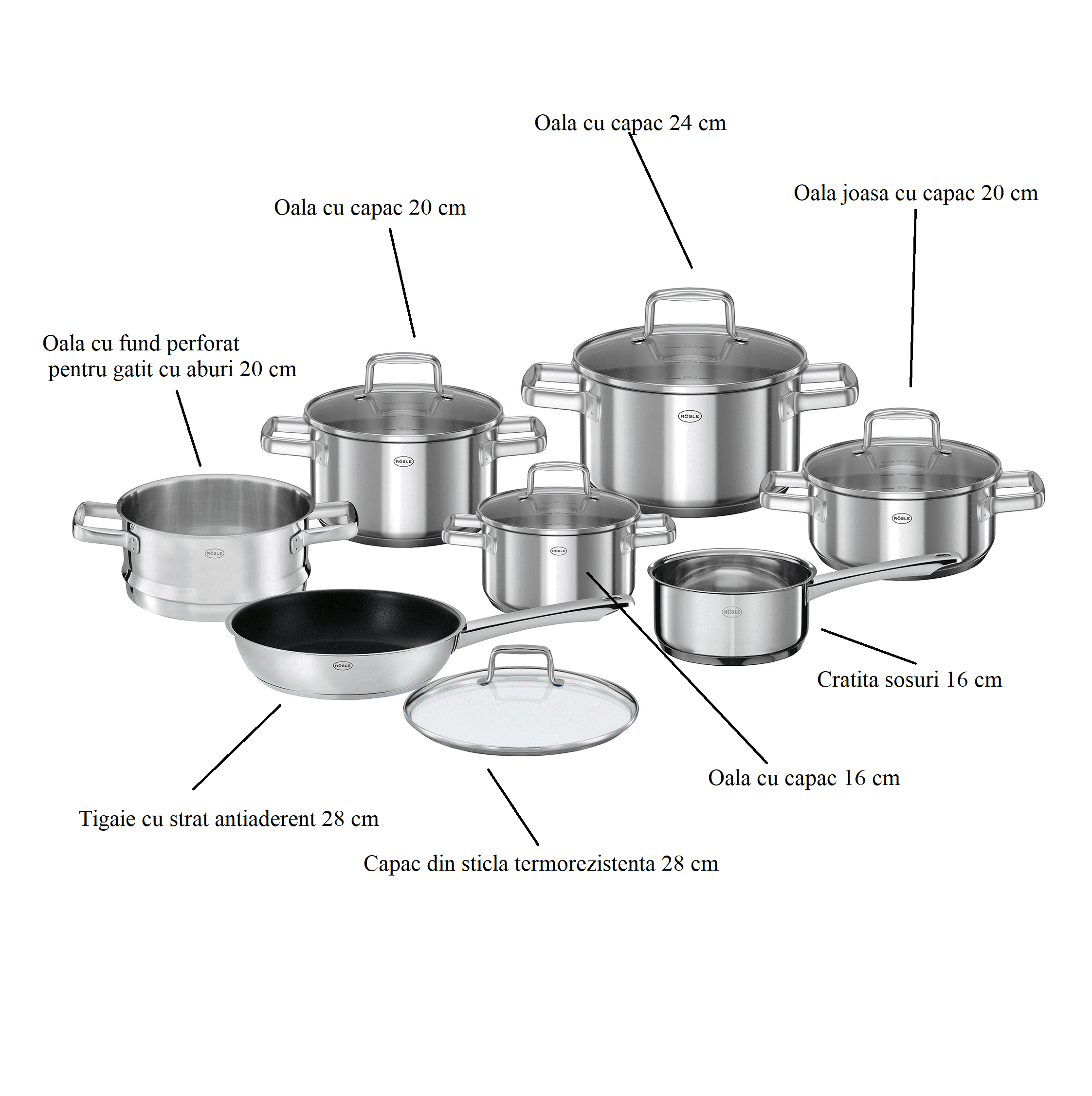 Set vase de gatit cu capac, otel inoxidabil, 12 piese, Rosle, Moments