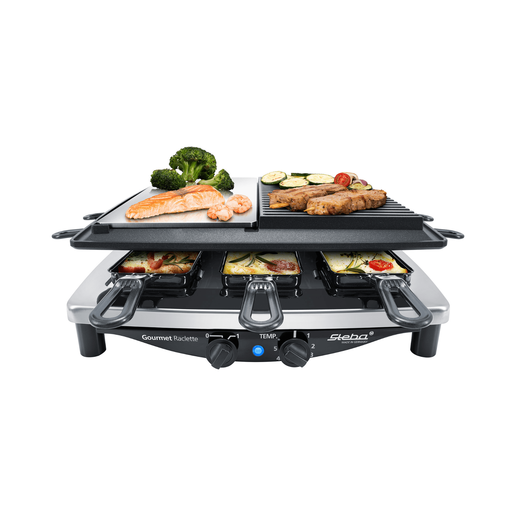 Plita grill si raclette, Steba Germany, RC 8 Steel Deluxe, 1450 W, 8 persoane, negru