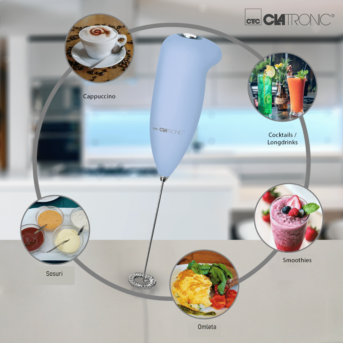 Aparat de spumare lapte, Clatronic, Rock'n'Retro, albastru pastel