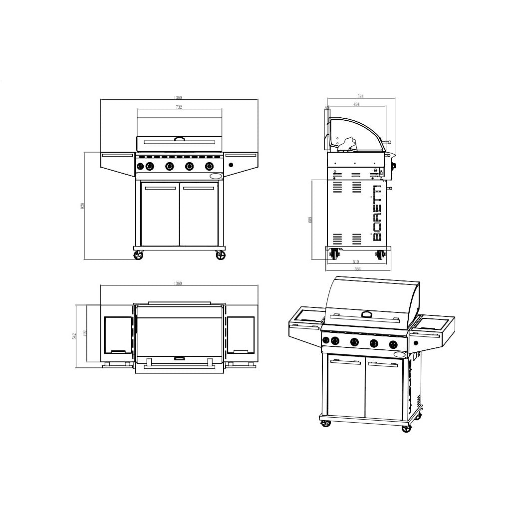 Gratar pe gaz si carbuni, Boretti, Ibrido, 5 arzatoare, 70x44 cm, negru