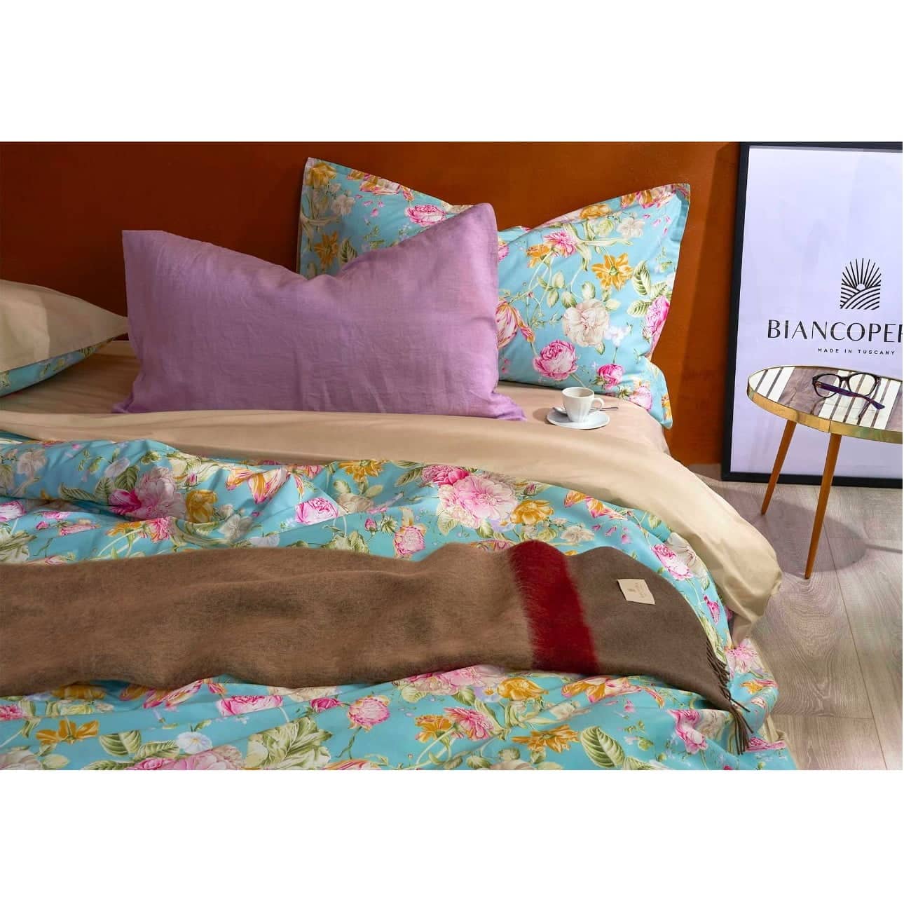 Set lenjerie de pat matrimonial 4 piese, Biancoperla - Vivaldi Azzurro, albastru/floral