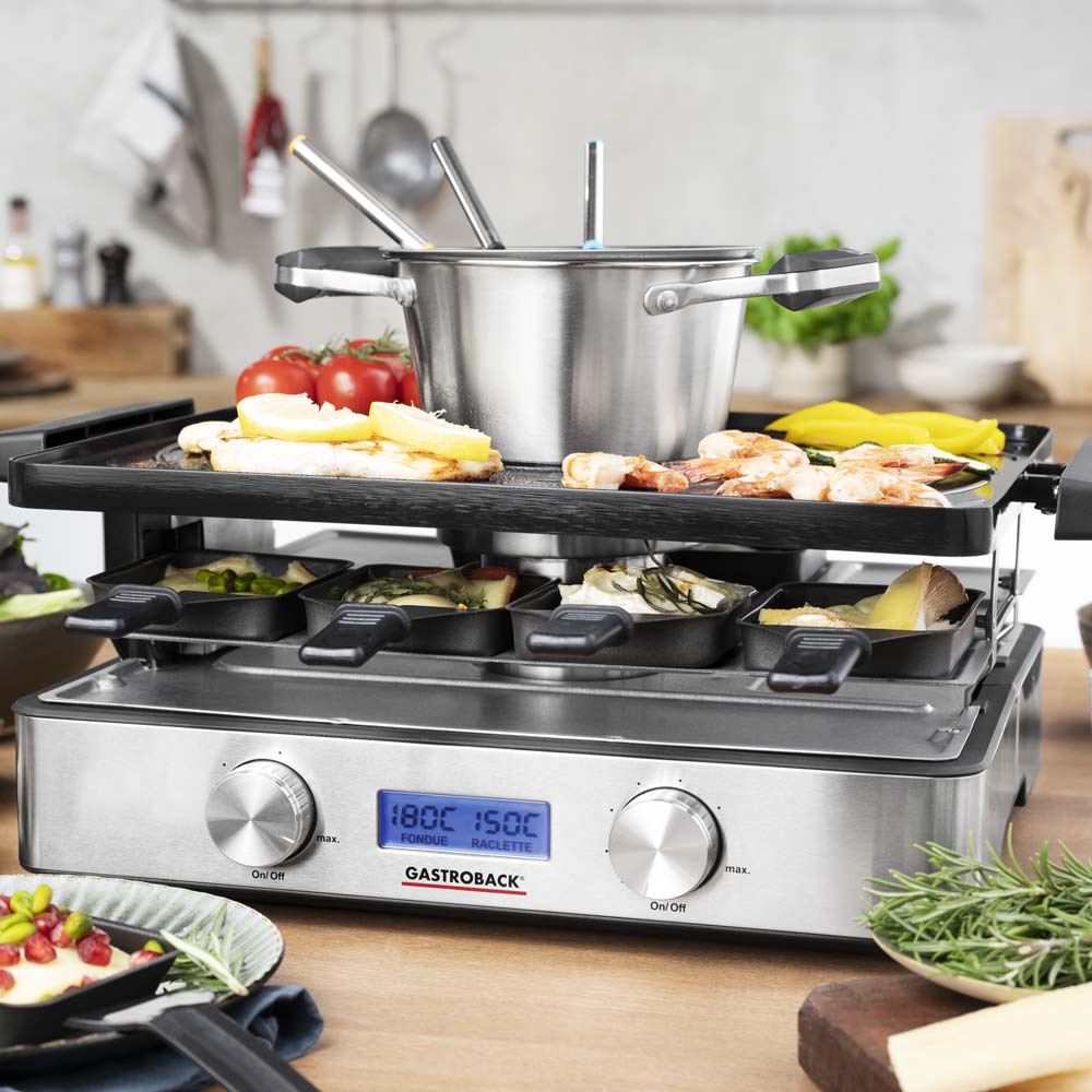 Plita grill si raclette cu fondue, Gastroback, Advanced Plus, 2200 W, 9 persoane, inox