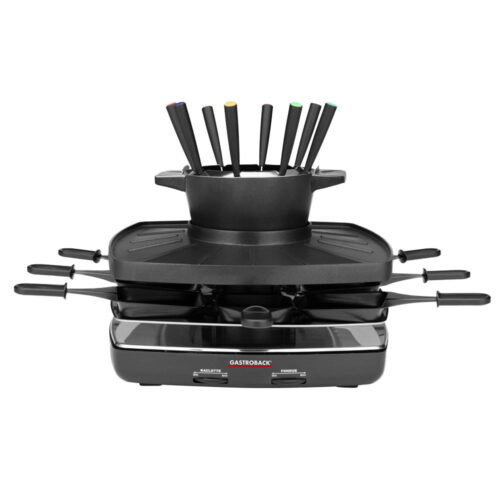 Plita grill si raclette cu fondue, Gastroback, Set family, 1200 W, 8 persoane, negru