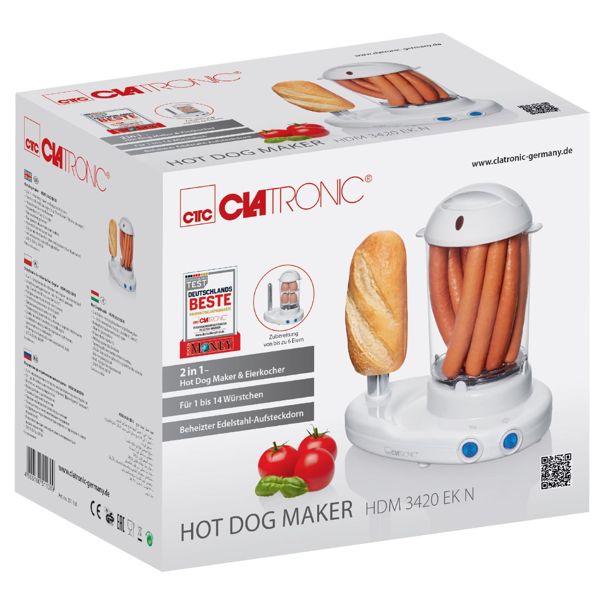 Aparat 2in1 pentru hot dog si oua, Clatronic - HDM3420, alb