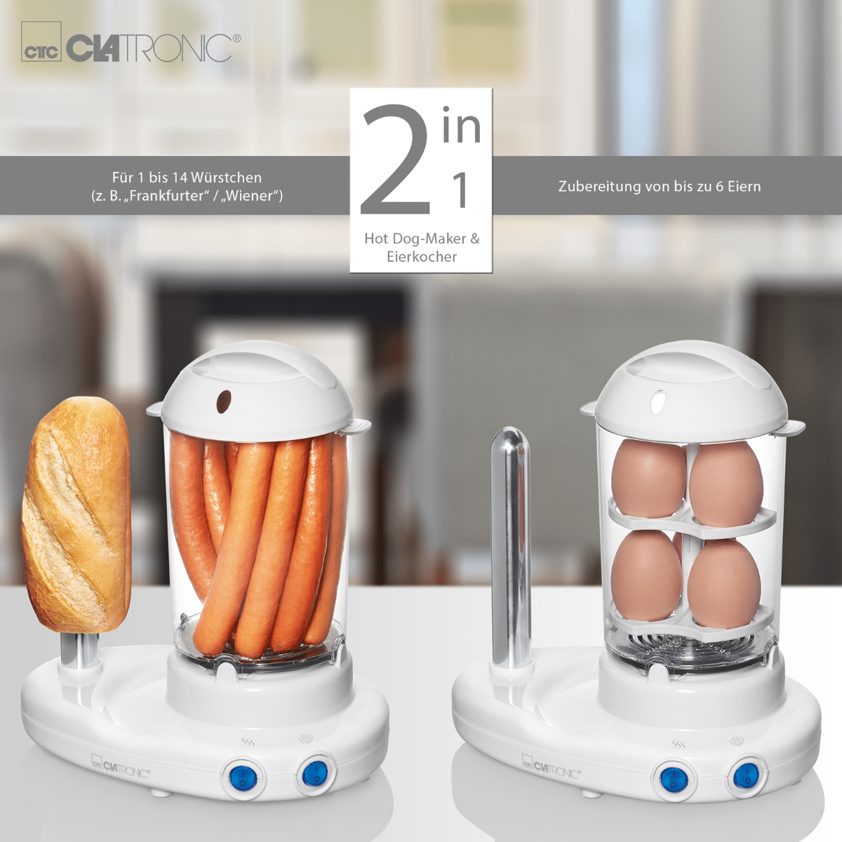 Aparat 2in1 pentru hot dog si oua, Clatronic - HDM3420, alb