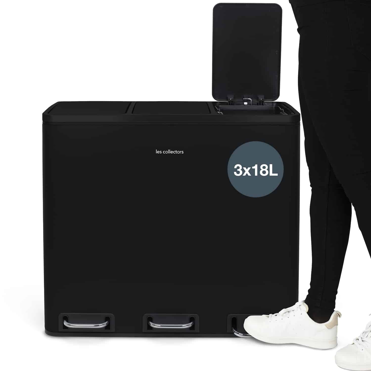 Cos de gunoi cu pedala, Les Collectors, N988, 18+18+18 litri, 3 compartimente, negru mat