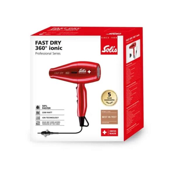Uscator de par profesional, Solis, Fast Dry 360° Ionic, 2200 W, rosu