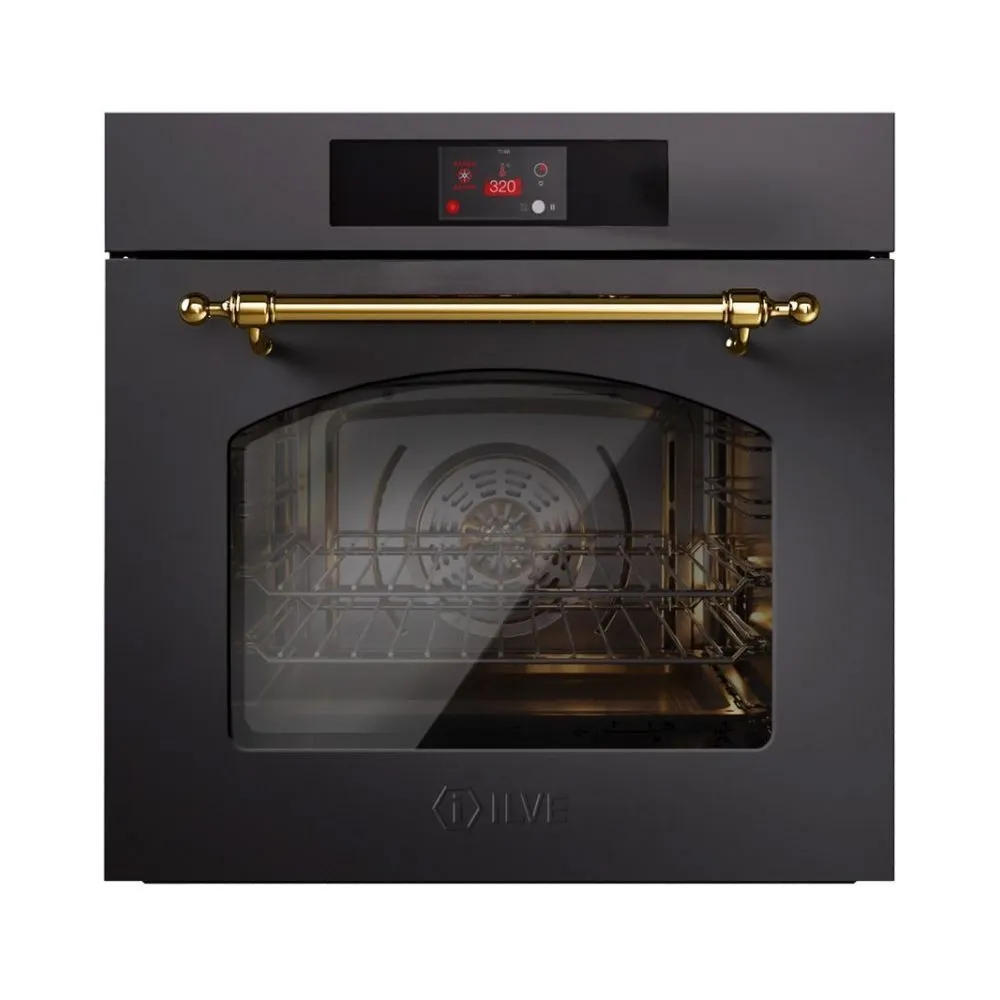 cuptor electric incorporabil multifunctional premium, ilve, nostalgie, capacitate 65 litri, clasa A+, latime 60 cm, cu panou de control tactil tft, gri mat/auriu