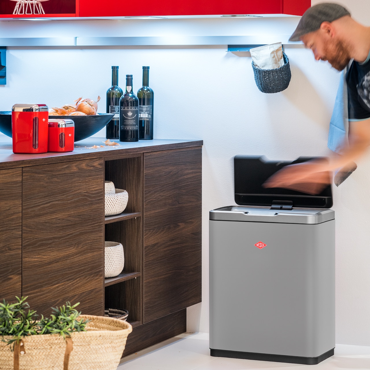 Cos de gunoi cu senzor, WESCO Germany, i.Master Double, 20+20 litri, 2 compartimente, negru mat