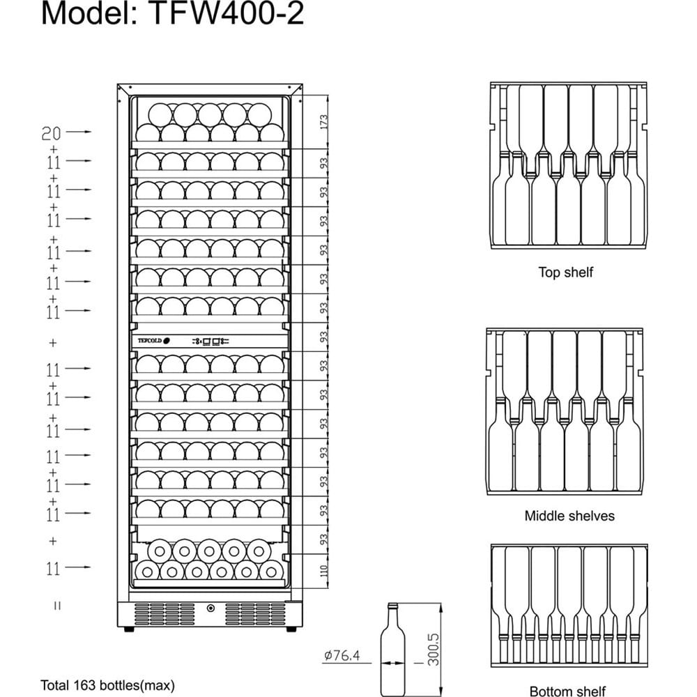 Racitor de vin frameless, TEFCOLD - TFW400-2F, negru