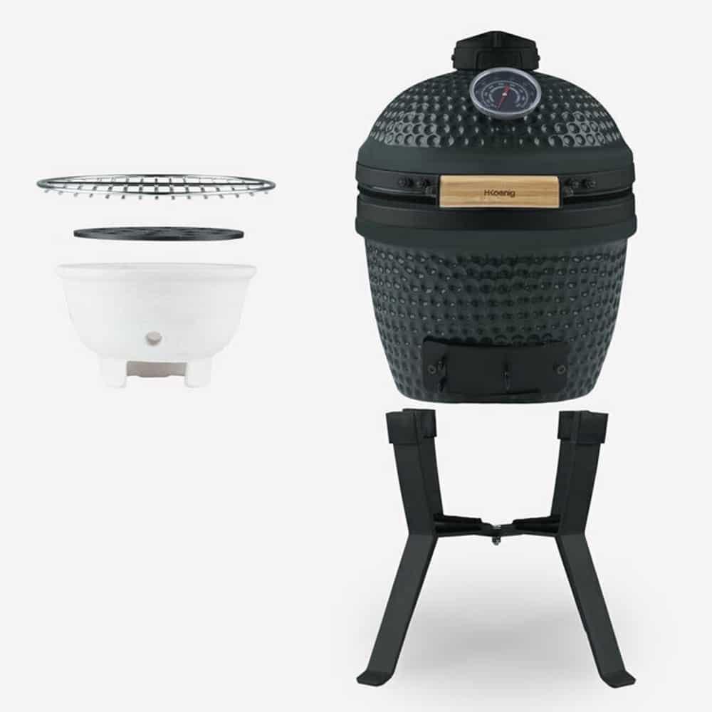 Gratar ceramic cu carbuni si termometru integrat, H.Koenig, Japanese Kamado BBQ 13", Ø 32 cm, verde