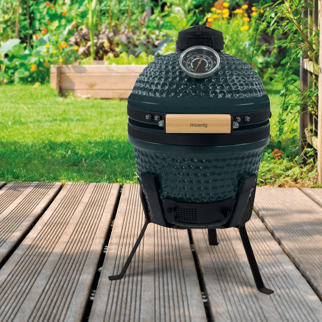 Gratar ceramic cu carbuni si termometru integrat, H.Koenig, Japanese Kamado BBQ 13", Ø 32 cm, verde