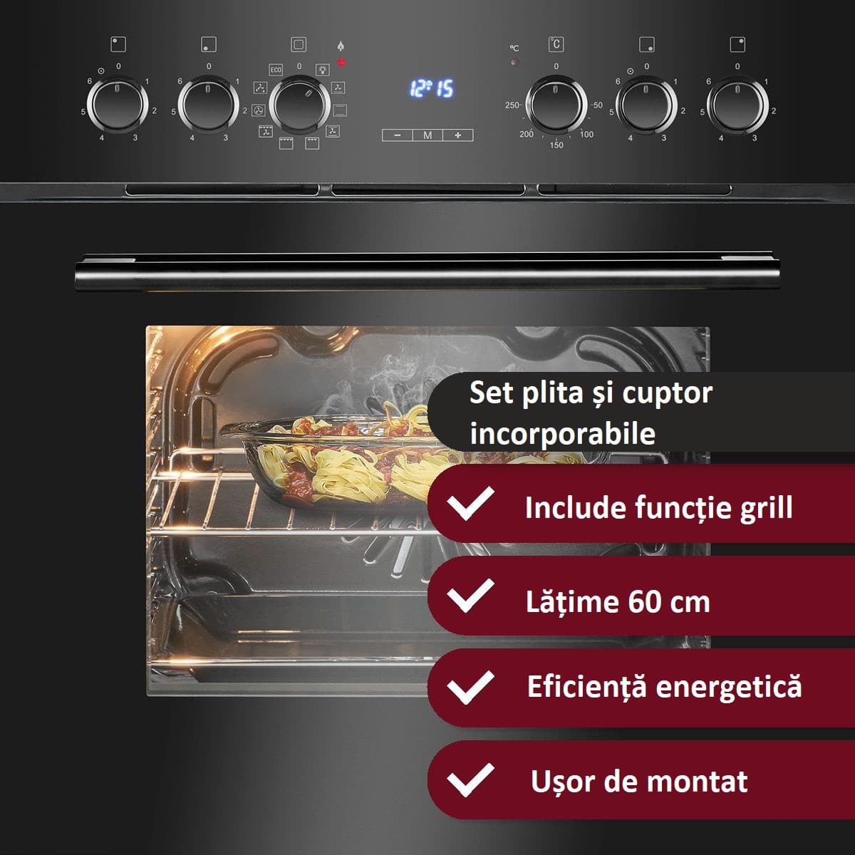 Set plita vitroceramica si cuptor electric cu convectie incorporabil, 56 litri, Bomann, EHBC7937N, 380 V, negru