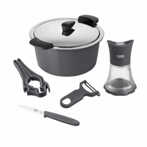 Set oala cu capac si accesorii, otel inoxidabil, 6 piese, Kuhn Rikon, Starter Set, antracit