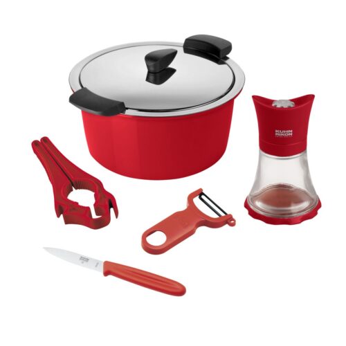 Set oala cu capac si accesorii, otel inoxidabil, 6 piese, Kuhn Rikon, Starter Set, rosu