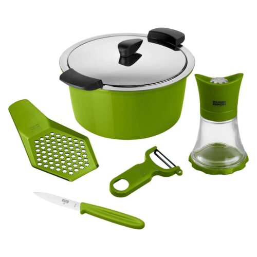 Set oala cu capac si accesorii, otel inoxidabil, 6 piese, Kuhn Rikon, Starter Set, verde