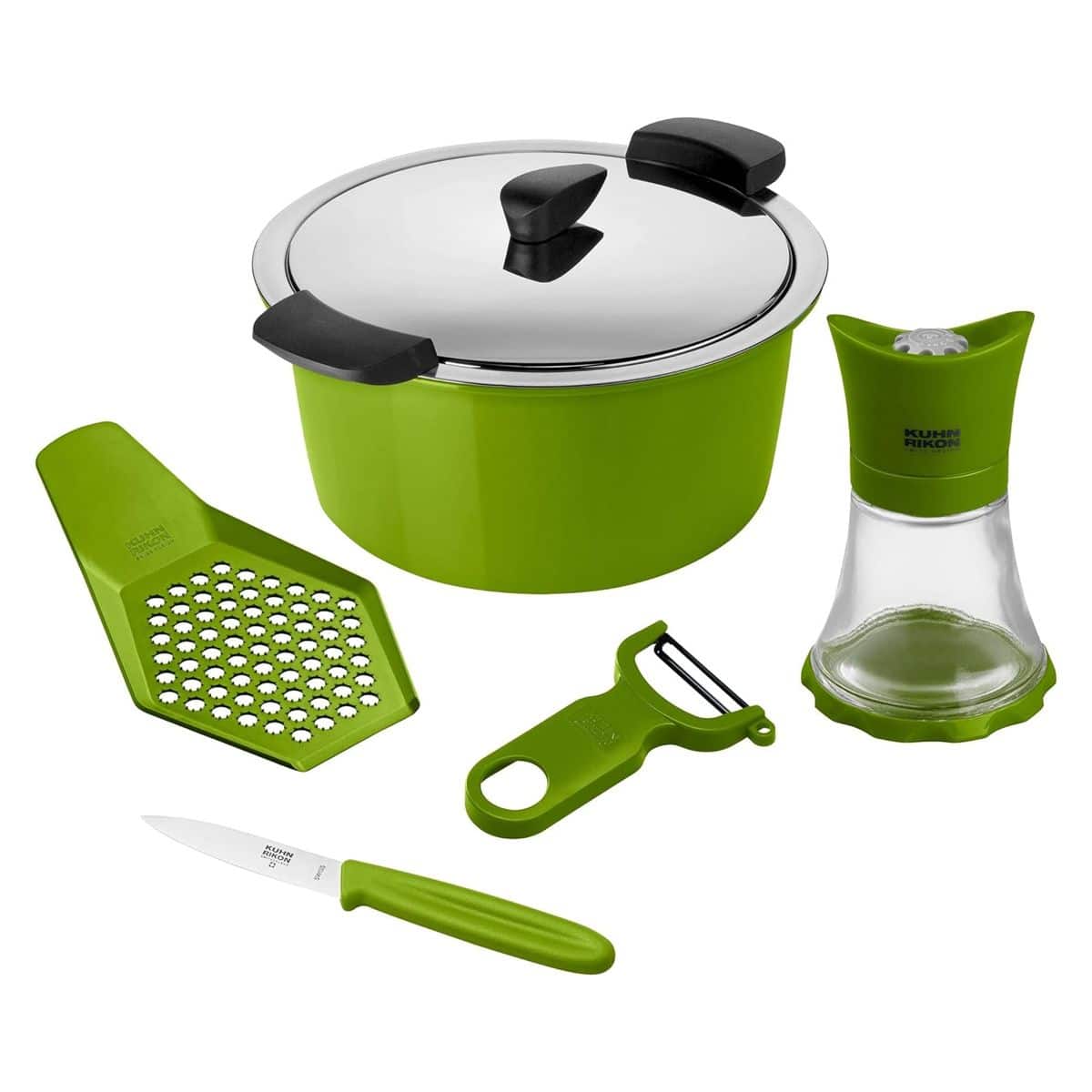 Set oala cu capac si accesorii, otel inoxidabil, 6 piese, Kuhn Rikon, Starter Set, verde