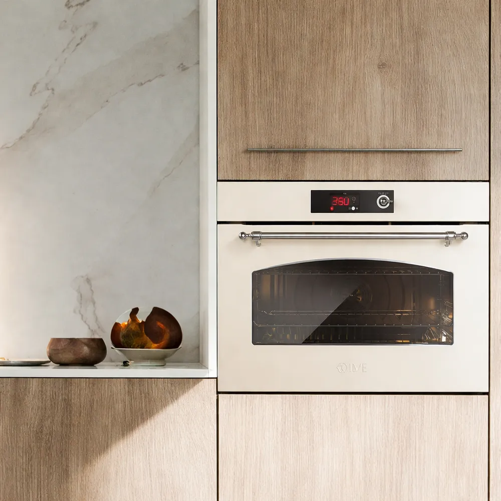 cuptor electric incorporabil premium xxl, cu capacitate 110 litri, clasa a, latime 90 cm, cu autocuratare hidrolitica si 11 programe, incastrat in mobilierul de bucatarie, crem/argintiu