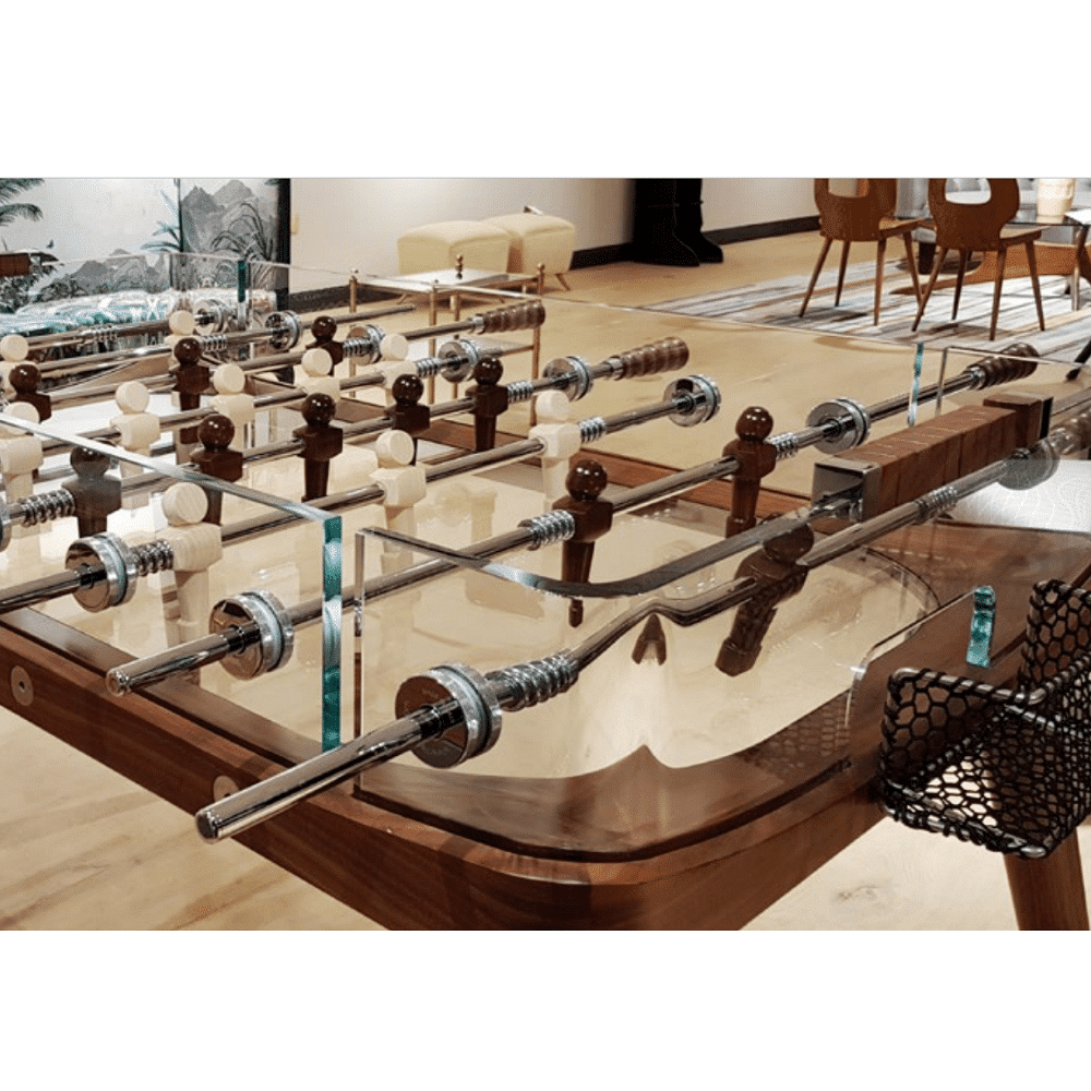 Masa foosball din lemn masiv si cristal, 90° Minuto Wood, Teckell, maro