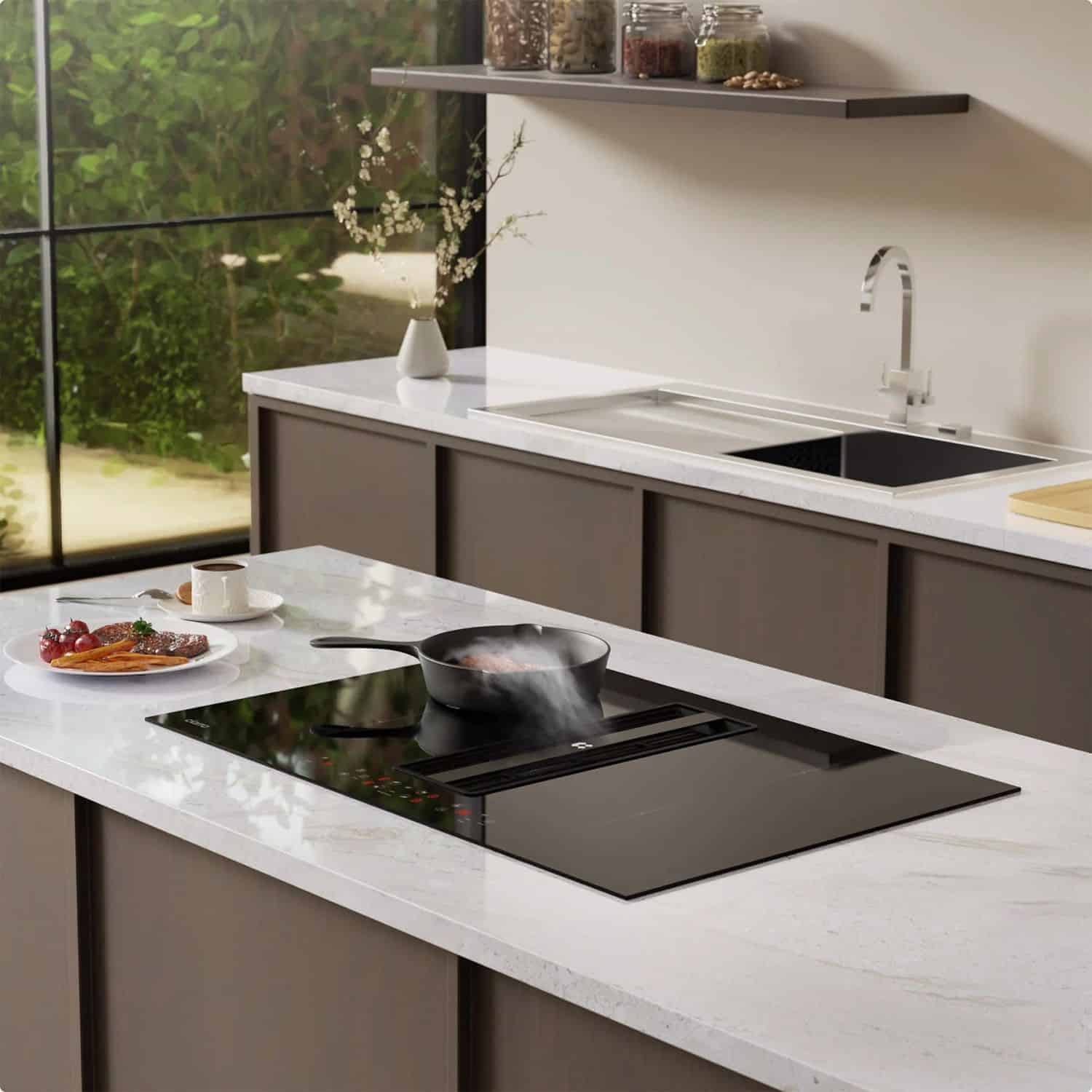 Plita electrica cu inductie incorporabila si hota integrata, Ciarra, ONE, 4 zone, 83 cm, negru