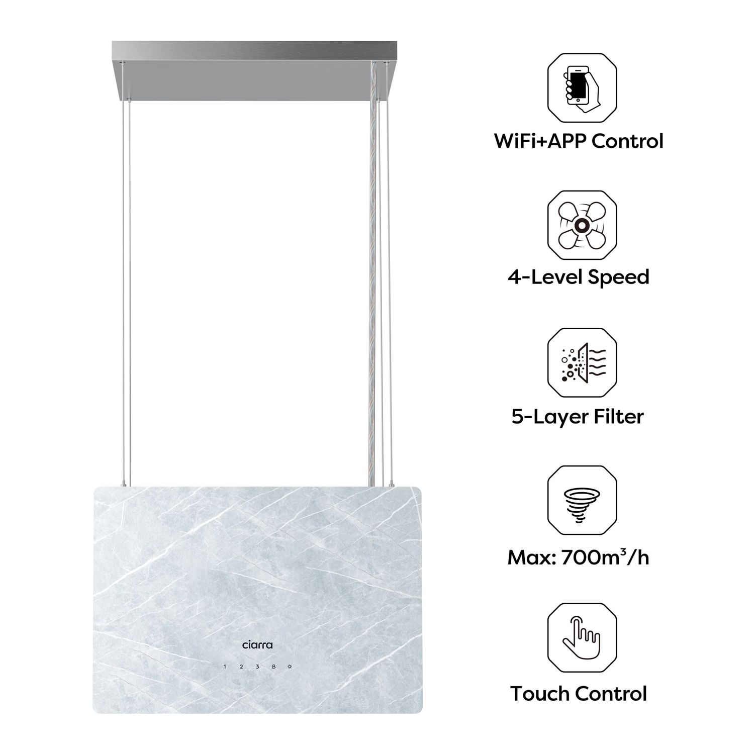Hota tip insula, Ciarra, Pinnacle Glass Smart, 700 m³/h, 48 cm, gri