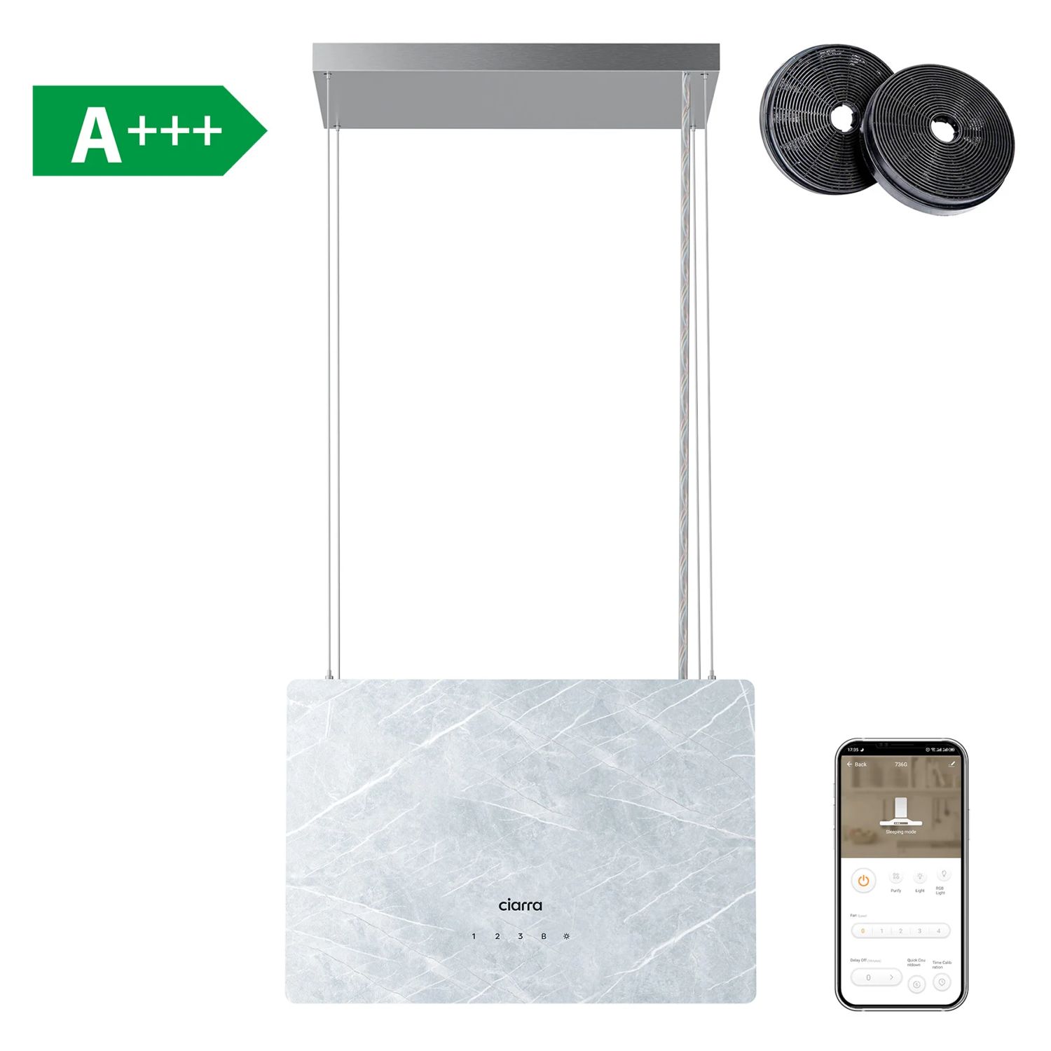 Hota tip insula, Ciarra, Pinnacle Glass Smart, 700 m³/h, 48 cm, gri