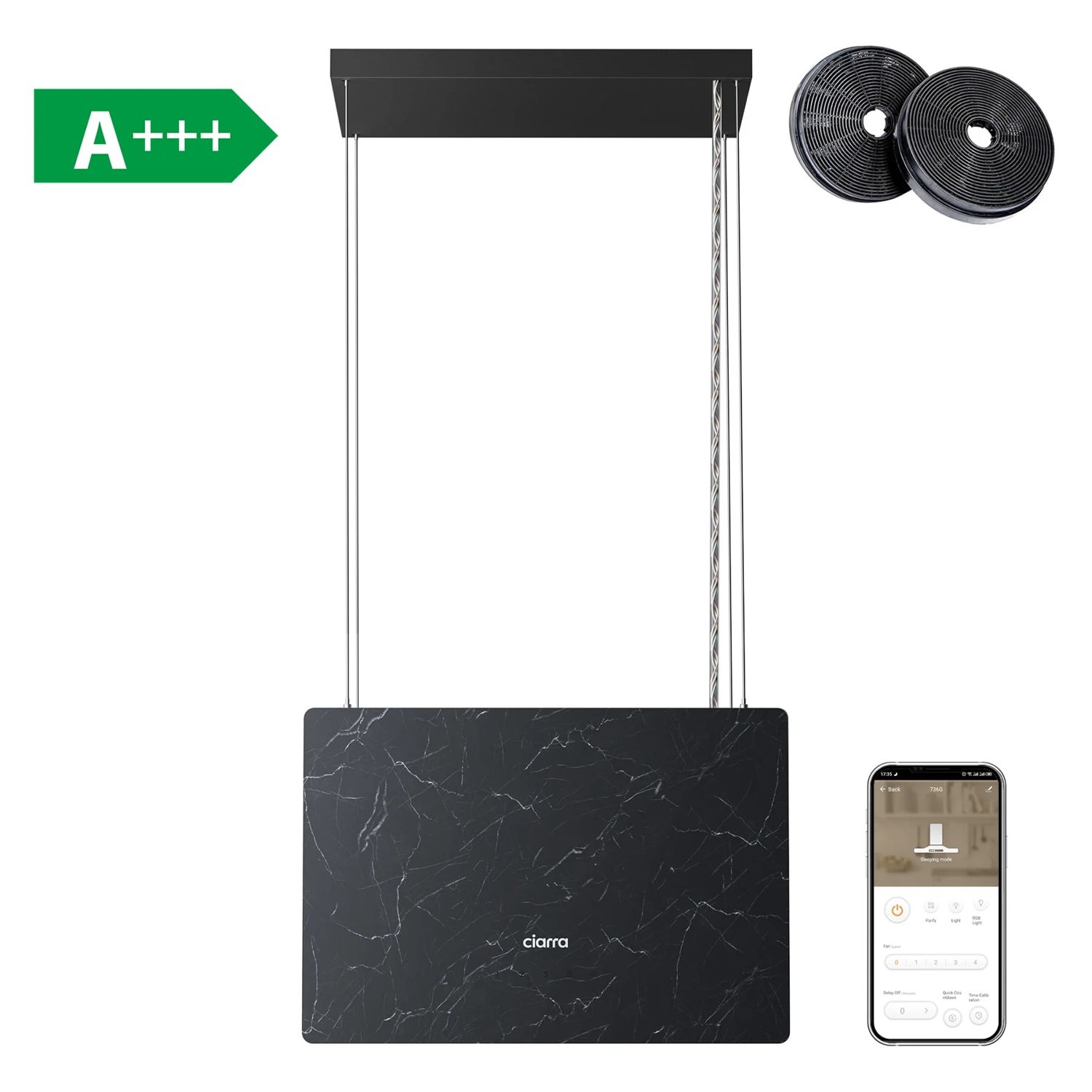 Hota tip insula, Ciarra, Pinnacle Glass Smart, 700 m³/h, 48 cm, negru