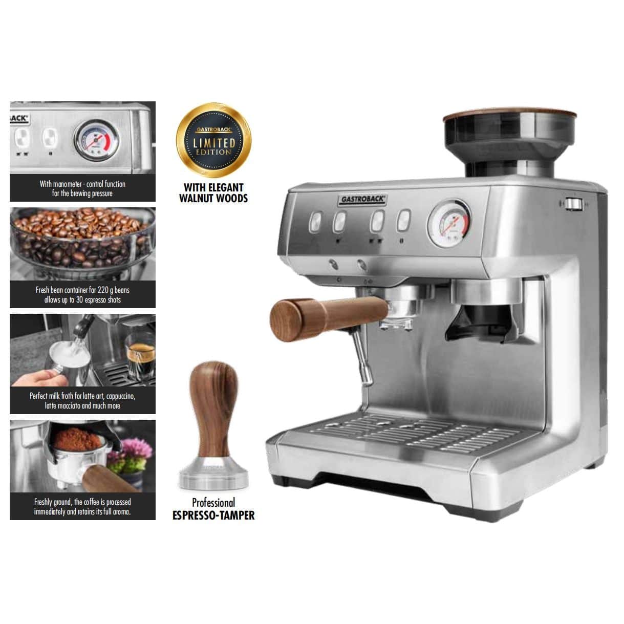 Espressor semiautomat cu rasnita, Gastroback, Design Espresso Advanced Barista, Editie limitata, 220 g, inox