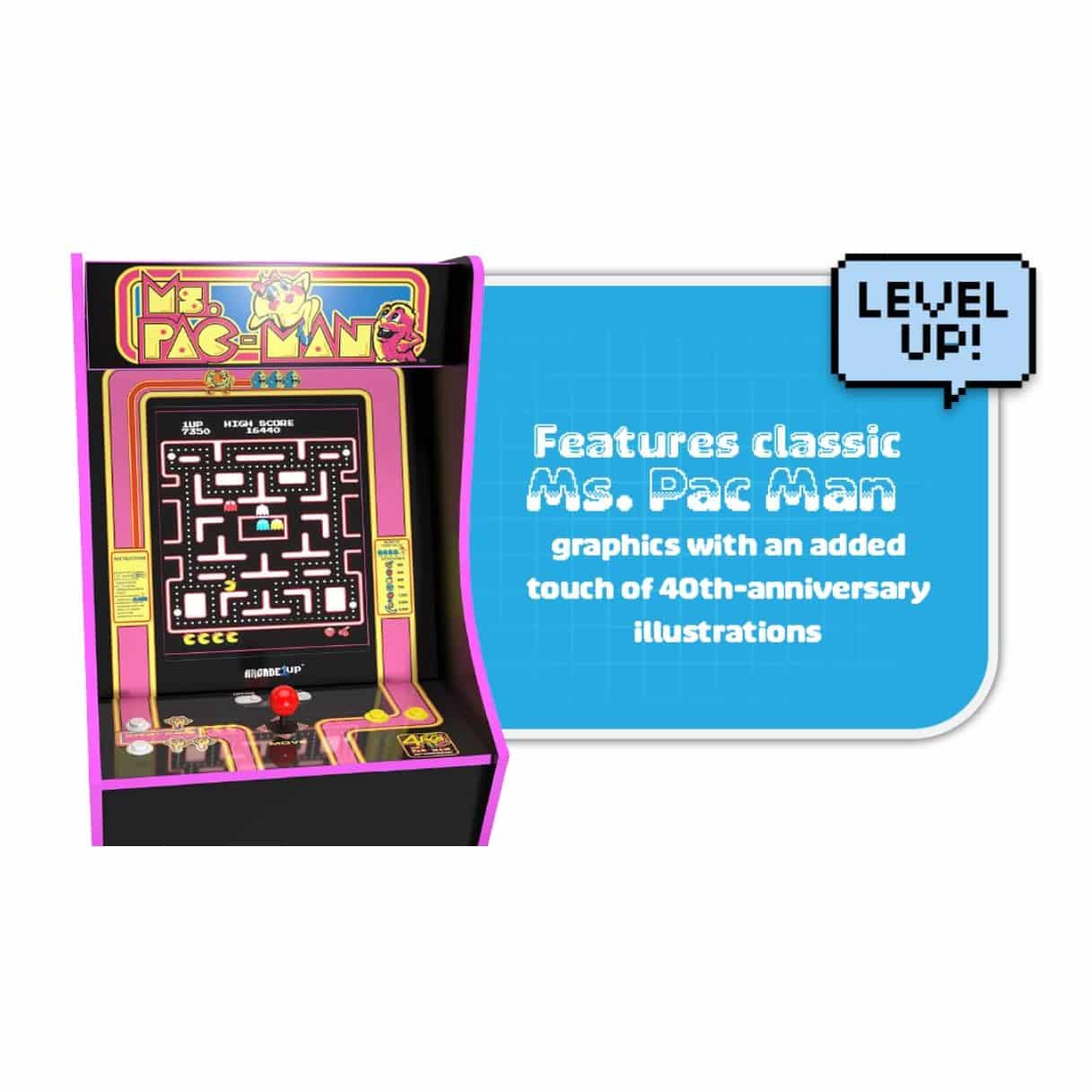 Consola verticala, 10 jocuri, ARCADE1UP, Ms. Pac-Man™ 40th, Colectie Aniversara, multicolor