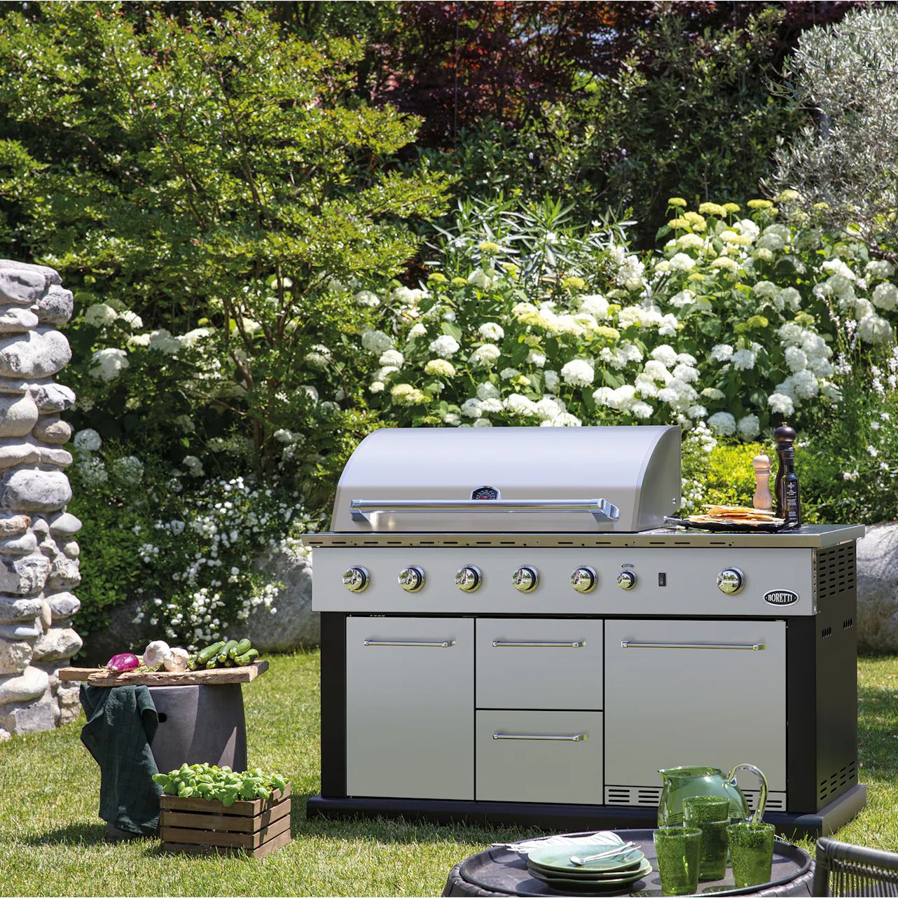 Gratar pe gaz cu frigider incorporat, Boretti, Luciano Nero, 7 arzatoare, 91x45 cm, inox