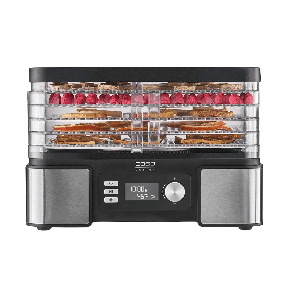 Deshidrator alimentar Caso DH 450, cu design din inox și afișaj digital.