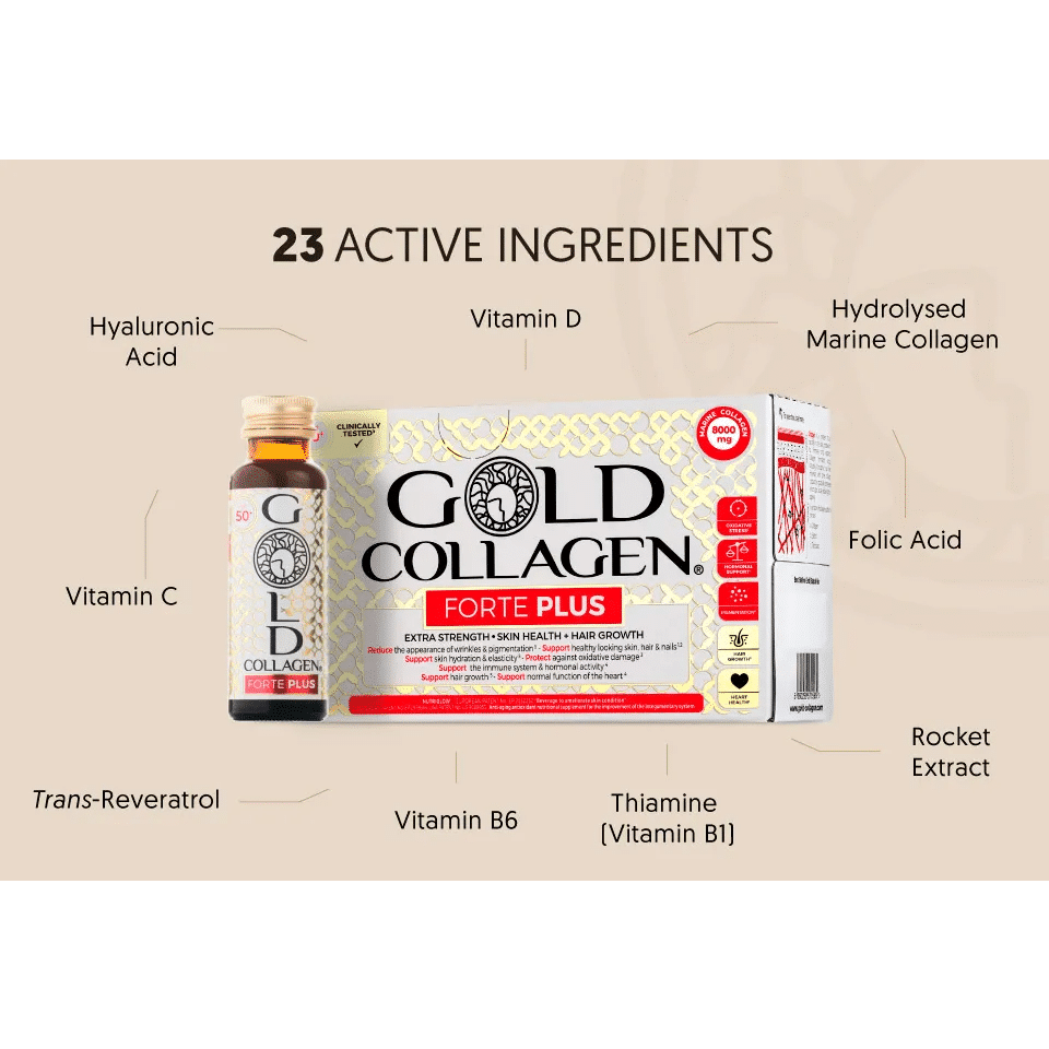 Colagen lichid marin hidrolizat pentru suport hormonal, piele, par si unghii, Gold Collagen, Forte Plus 50 +, 10 flacoane x 50 ml