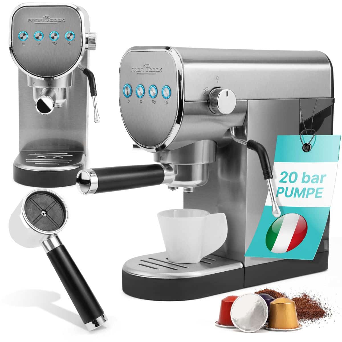 Espressor semiautomat 2in1, ProfiCook, PC-ES-KA1265, inox