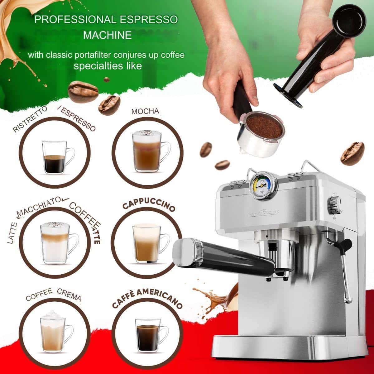 Espressor semiautomat 2in1, ProfiCook, inox