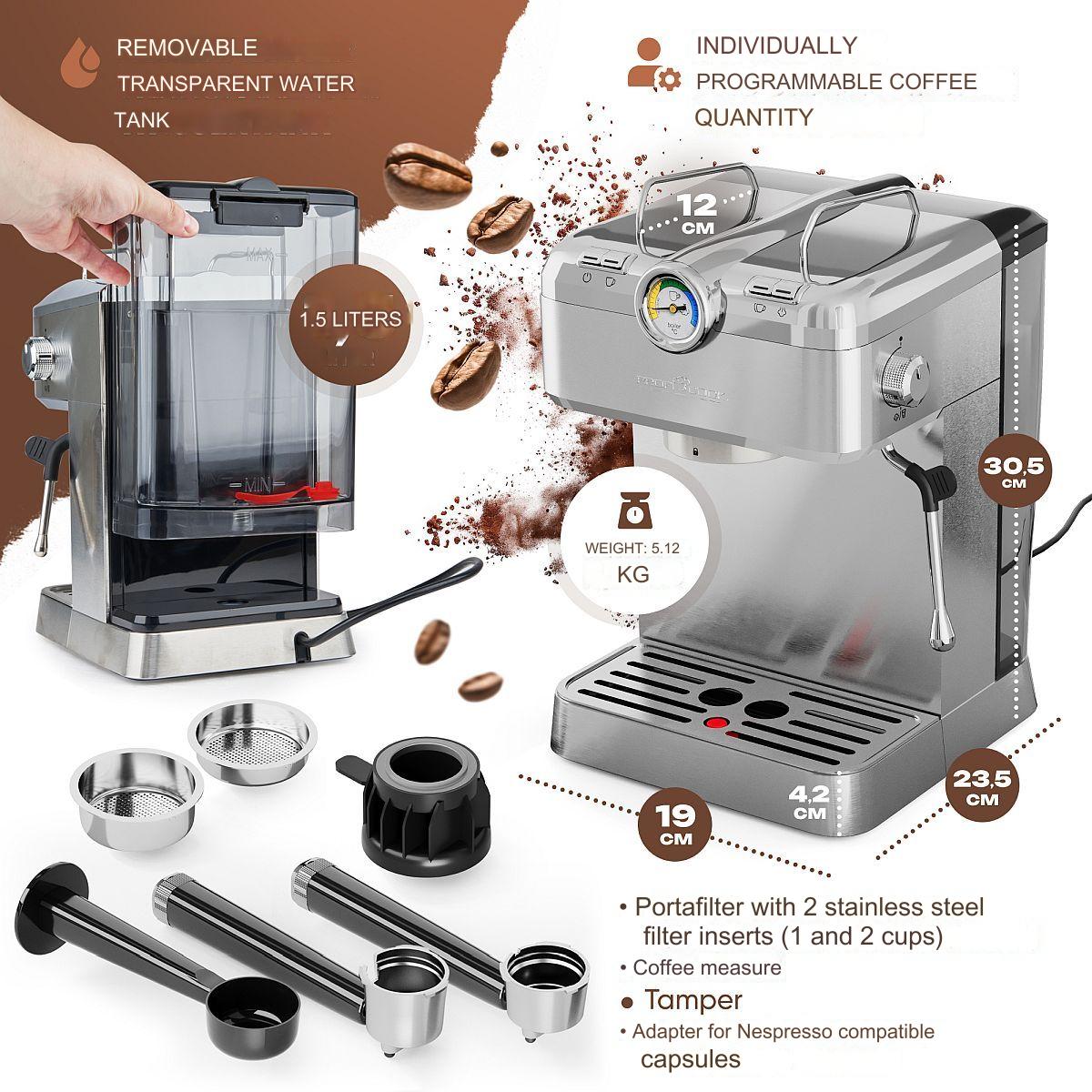 Espressor semiautomat 2in1, ProfiCook, inox