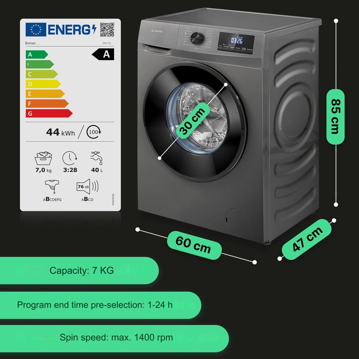 Masina de spalat rufe slim, Bomann, WA7175GR, 7 kg, 1400 rpm, antracit