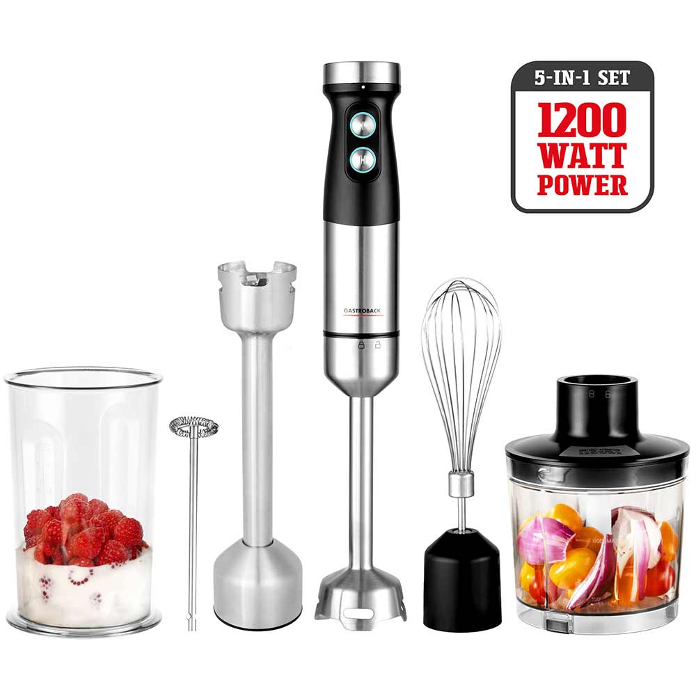 Blender de mana si accesorii, 5in1, Gastroback, 1200 W, argintiu