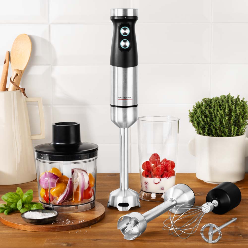 Blender de mana si accesorii, 5in1, Gastroback, 1200 W, argintiu